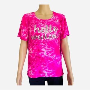 Bobbie Brooks hot pink short sleeve Tie-Dye Tee sleepwear L sequin Hello Weekend